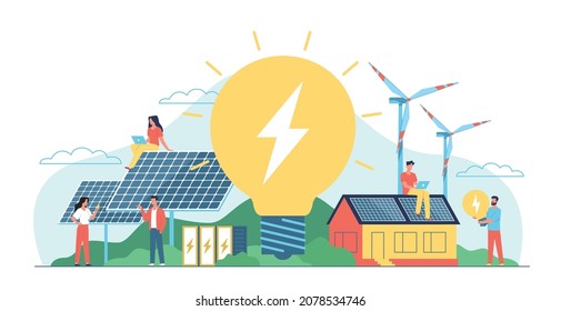 Green energy sources. Future electricity generation. People with laptops, solar panels and wind turbines. Ecological lifestyle. Glowing light lamp. Vector renewable eco technologies