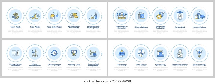 Conjunto de infográficos de fontes de energia verde. Eletricidade sustentável, ecologia. Fluxogramas infográficos com etapas. Coleção editável de ícones de informações de vetor
