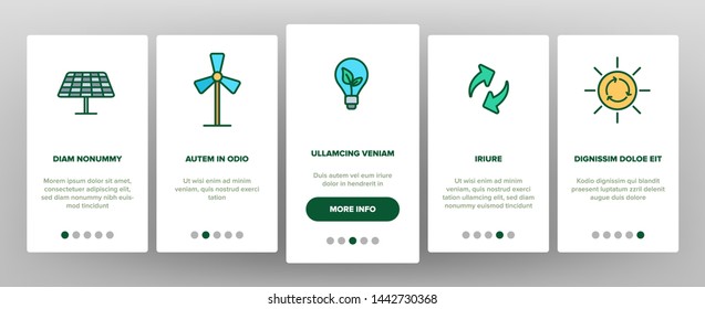 Green Energy Sources Vector Onboarding Mobile App Page Screen. Alternative Eco Energy Outline Symbols Pack. Ecology And Environment Friendly Electric Power Illustrations. Solar Panel, Windmill