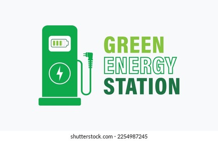 Vector de concepto de estación de energía verde con enchufe de alimentación de carga y combinación de indicadores de batería. Ilustración Icono Estación de carga de vehículos eléctricos. Formas de generación de energía limpia.