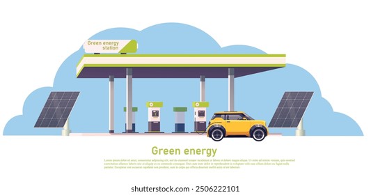 Green energy station with electric car. Vector illustration