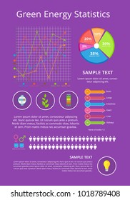 Green energy statistics, poster with headline and text sample, diagram and icons of plant and electric bulb, population of planet vector illustration