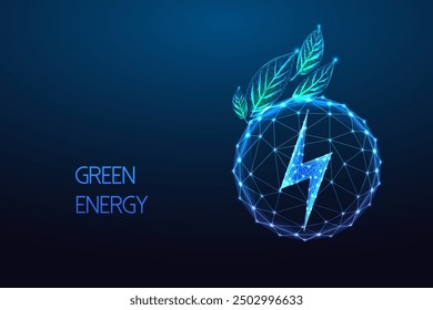 Green energy storage abstract concept. Lightning symbol inside transparent sphere with green leaves on dark blue background. Eco-friendly power solutions and sustainable innovation vector illustration