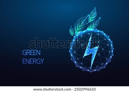 Green energy storage abstract concept. Lightning symbol inside transparent sphere with green leaves on dark blue background. Eco-friendly power solutions and sustainable innovation vector illustration