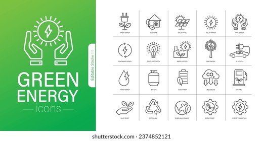 Icon-Set für grünen Energiebilanz. gute Reihe von Symbolen für erneuerbare Energien, Ökologie und Ökostrom. Vektorgrafik. bearbeitbare Striche.