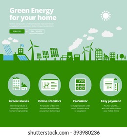 Green energy supplier. Water, solar, geothermal & wind power plants illustration website banner with services icons. 