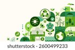 Green energy, sustain environment vector illustration. Ecology icons, recycle energy technology concept for eco friendly background. Save planet banner design in flat modern style, geometric shape.