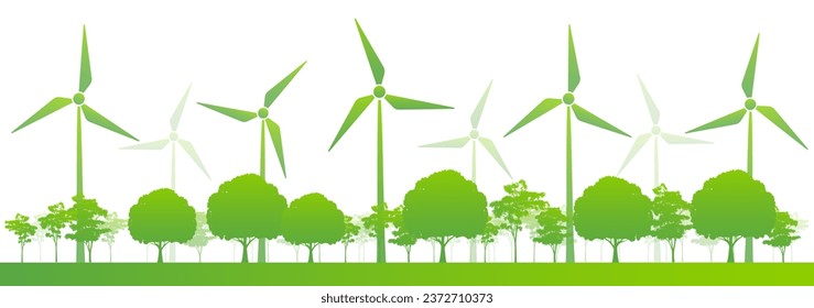 Green energy, Sustainable development and Eco friendly concept with wind turbine farm and green forest, Vector illustration