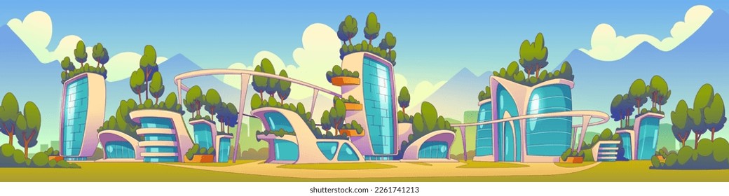 Green energy sustainable eco city banner concept. Smart building technology on future with plant on roof. Urban futuristic cartoon background. Forest on skyscrapper as alternative electricity source.