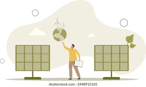 green energy, sustainable industry with windmills and solar energy panels. concept of responsibility and preservation of nature purity.flat vector illustration