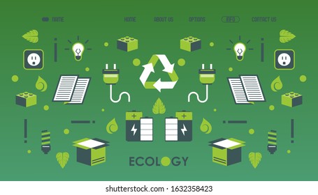 Green energy, sustainable power electricity for environment protection, website vector illustration. Landing page template, Earth ecology awareness project, flat style icons and symbols of recycling