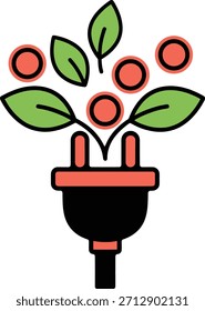 Símbolo de energía verde: enchufe eléctrico con hojas y frutas en crecimiento, gráfico de Vector