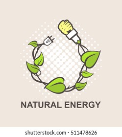 Green energy symbol vector wreath woven in the plant connection to power energy-saving lamp