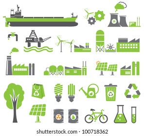 Green energy symbols, ecology concept, factory