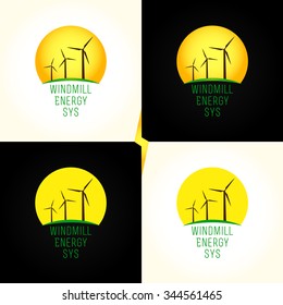 Green energy system logotype. Electrical, environmental, cleaned, industrial branding concept. Wind mills, turbines in sunset. Isolated branding logo concept. Healthy eco life, manufacturing idea.