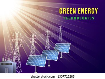 Green energy technologes banner. The sun illuminates the solar electric panels and a high-voltage line. Realistic vector illustration