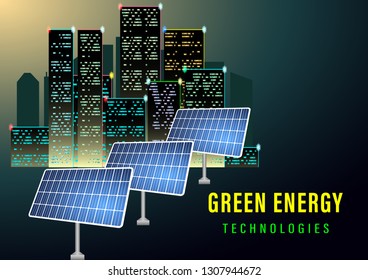 Green energy technologes banner. The sun illuminates the solar electric panels on the background of night city. Realistic vector illustration