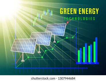 Green energy technologes banner. The sun illuminates the solar electric panels on the background of graphs and charts. Realistic vector illustration