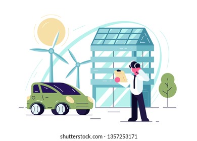 Green energy technologies vector illustration. Man standing near eco friendly modern house and car powered by wind flat style concept. Renewable power city of future