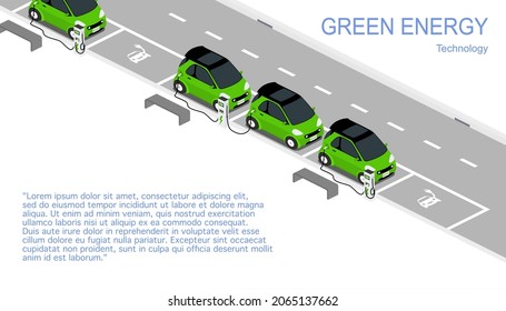 Concepto de tecnología de energía verde. Batería de carga eléctrica en la estación de carga. Diseño vectorial isométrico.