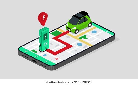 Green energy technology concept. Electric car use GPS to navigate to the charger station on screen smartphone. Isometric vector design.