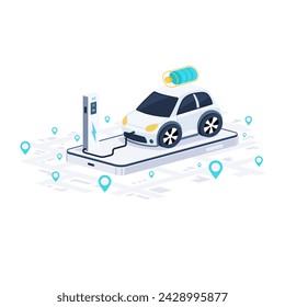 Green energy technology concept. Electric car use GPS to navigate to the charger station on screen smartphone. Isometric vector design.