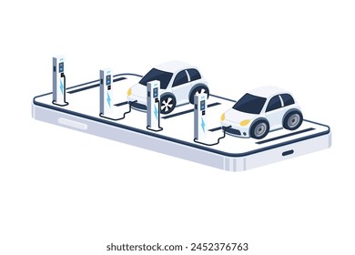 Green energy technology concept. Electric car charge battery in charging station on smartphone screen. Isometric vector flat design.