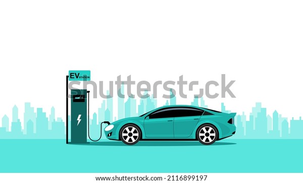 Green energy\
technology concept. Electric car charge  battery in charging\
station. vector illustration\
design.