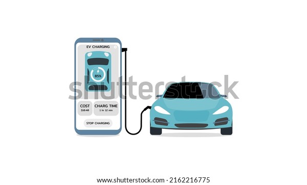 Green energy\
technology concept. Electric car charge  battery with a smart \
phone showing statuses. Flat\
design.
