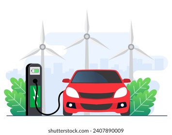 Concepto de tecnología de energía verde ilustración plana plantilla vectorial, batería de carga eléctrica de coche en estación de carga, transporte ecológico, concepto de ecología, movimiento electrónico de transporte eléctrico, 