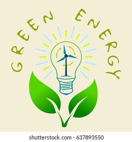 Green energy text, windmill inside bulb with leaves below - Vector