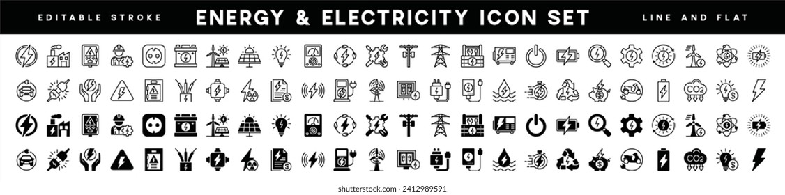 Green energy in thin line and flat icons. Electricity icon set. Power related icon. Icons for renewable energy, ecology, green technology. Vector illustration