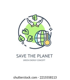 Green Energy Thin Line Icon Save The Planet Concept Include Of Leaf, Hands And Climate Earth. Vector Illustration