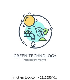 El concepto de icono de línea delgada de energía verde incluye la hoja de sol y el agua. Ilustración vectorial de los elementos de la tecnología verde