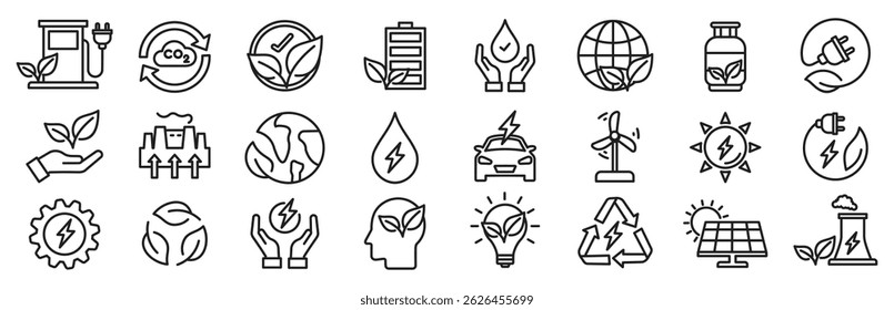 Conjunto de iconos de línea delgada de energía verde. icono de ecología y electricidad verde, Colección de energía renovable, que contiene energía verde, energía solar, energía eólica y más, Ilustración vectorial
