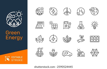 Green energy thin line icons. Editable stroke. Pixel perfect.