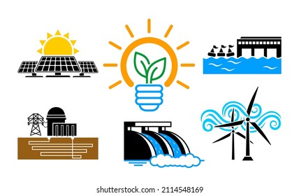 Green Energy Transition Icons Set. Electricity Generation Renewable Source Types. Solar, Wind, Hydro, Sea, Geothermal Power Mix. Vector On Transparent Background