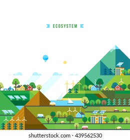Green energy, urban landscape, ecology. flat design vector concept illustration. Mountain landscape