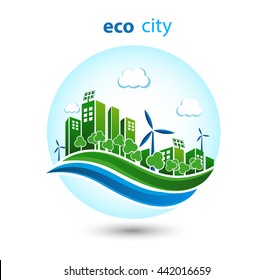 Green energy urban landscape vector. Ecology nature, eco house building. Future city illustration.