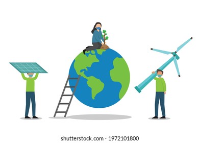 Green energy vector concept: Group of people with green energy equipment while wearing face mask