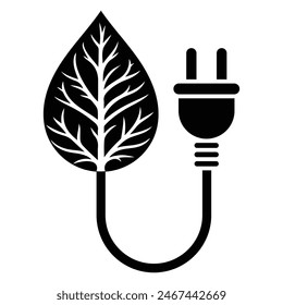 Green energy vector icon. Eco electricity. Electric plug and a tree leaf. Renewable eco power logo. Leaf nature energy.