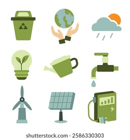 Green energy vector icon set, flat design illustration, environmental alternative energy, renewable energy clip art
