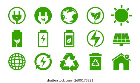 Green Energy vector icon set, Eco friendly symbol, Enviromental, Solar, Battery illustration, Clip art, Bio graphic elements on transparent background. (Editable)