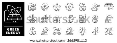 Green energy vector icons in line style. Green energy outline icons. Energy related icons set