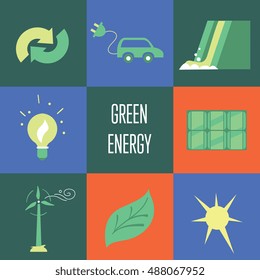 Green energy vector icons set suitable for info graphics, websites and print media. Power and ecological symbols on color background. Eco elements collection.
