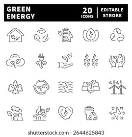 Green energy vector icons. Green energy thin line icons collection. Renewable energy, ecology, electricity, recycling, eco, environment.