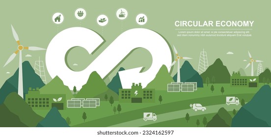 Green energy vector illustration Sustainable industry with wind turbines and solar panels, circular economy concept