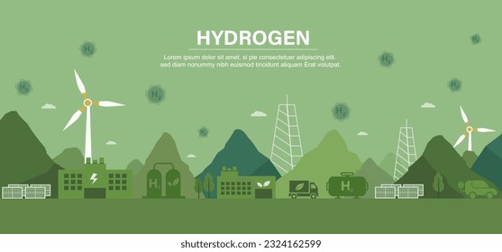 Ilustración de vectores de energía verde Industria sostenible con turbinas eólicas y paneles solares Concepto de gas hidrógeno