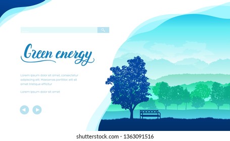 Green energy vector landing page template. Ecology friendly farm, village web banner flat layout. Eco future, environment protection. Tree day. Peaceful nature landscape minimalistic illustration