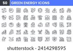 Green Energy vector line icon set. Contains linear outline icons like Renewable Energy, Environment, Save Energy, Eco, Electric Car, Fertilizer, Ecology, Geothermal. Editable use and stroke.